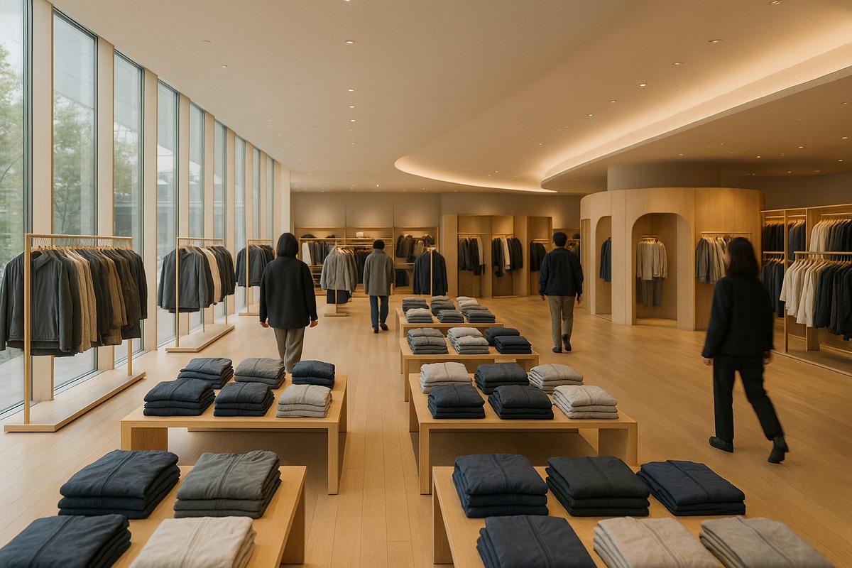 Wide column-free selling floor of a large modern apparel store in Tokyo, with a flowing curved ceiling, pale oak fixtures, low tables of neatly folded technical apparel in muted tones and curved fitting rooms at the back.