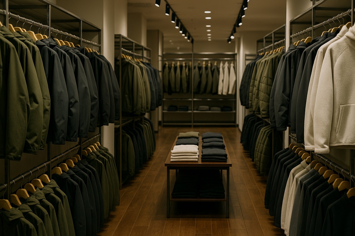Japanese outdoor and technical apparel shop floor seen down the aisle, with immaculately ordered rails of shell jackets and fleece in muted olive, charcoal and off-white over dark timber flooring under precise track lighting.