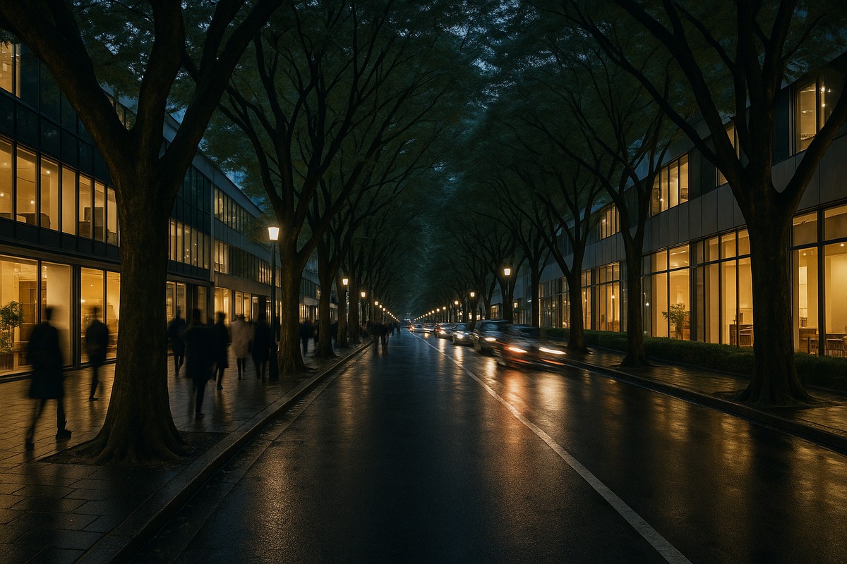 Wide tree-lined Tokyo avenue at dusk with mature zelkova trees arching over the street, glass-fronted low-rise buildings lit from within, and pedestrians and traffic reduced to soft motion blur on damp asphalt.