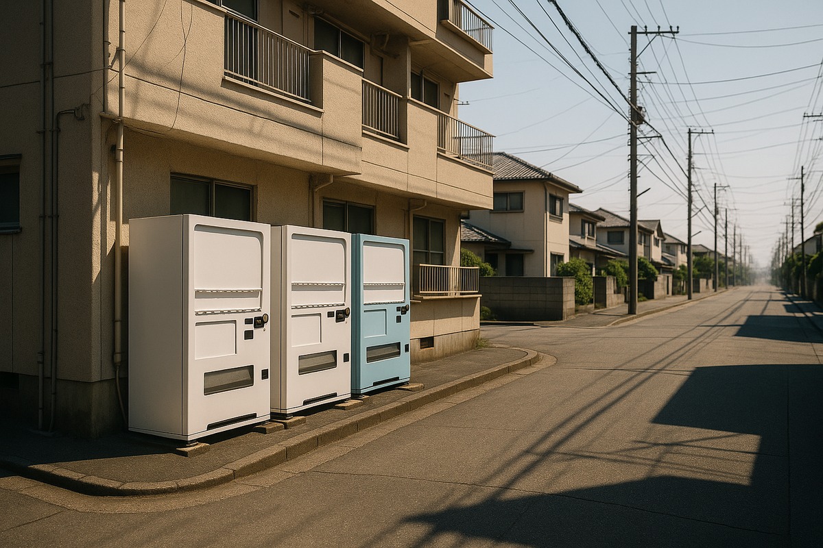 Row of drink vending machines with blank unprinted white and pale blue panels against a beige apartment building on a suburban Japanese street in harsh summer sunlight.