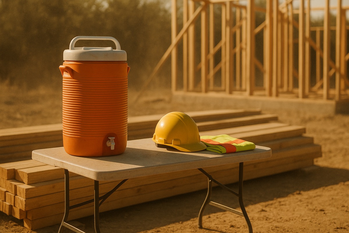 Plain orange water cooler on a folding table beside stacked timber, a hard hat and a folded high visibility vest on an American construction site in bright mid-afternoon summer heat.