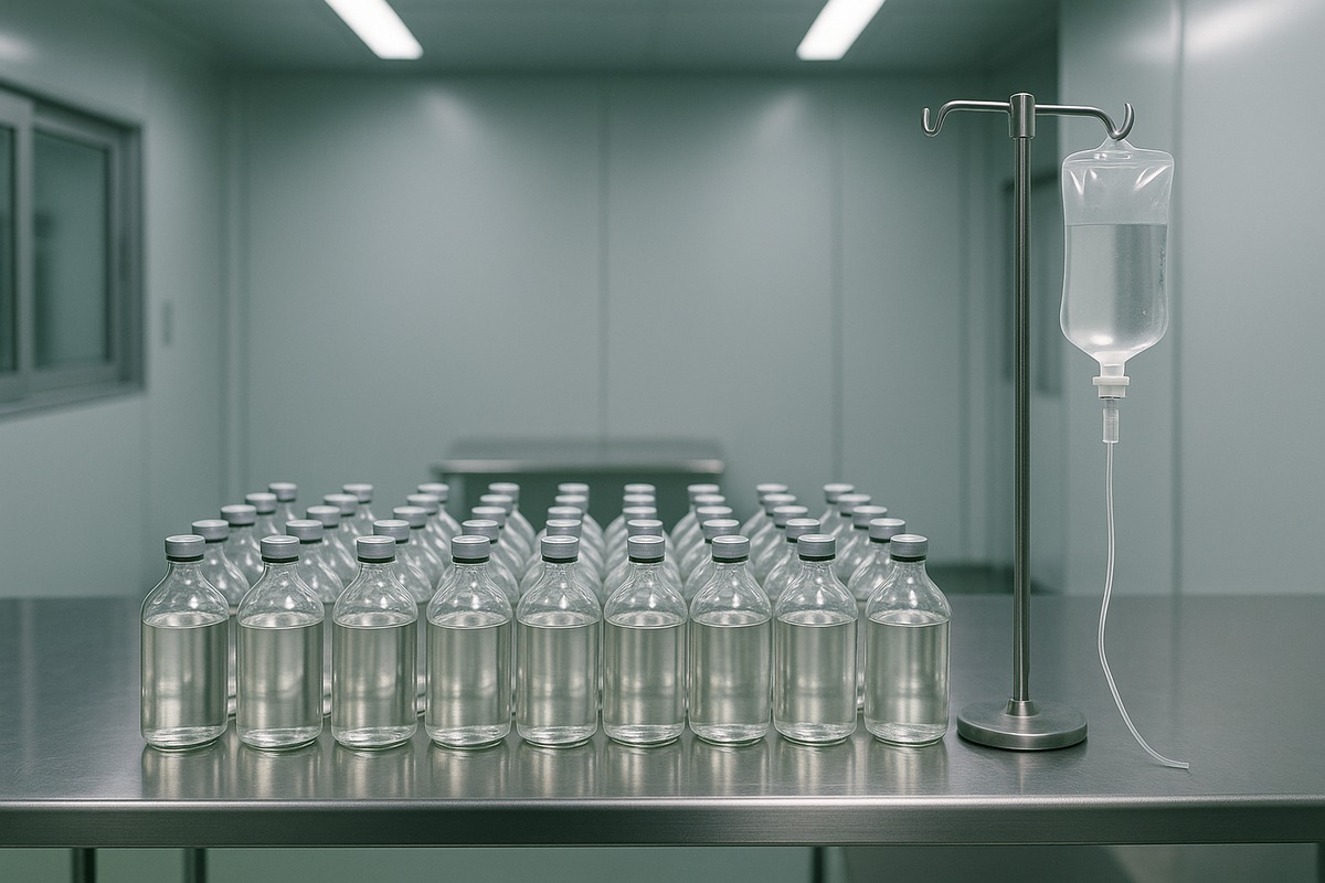 Stainless steel bench in a quiet pharmaceutical facility holding rows of plain clear glass bottles of colourless sterile solution and an unlabelled intravenous fluid bag on a stand under cool white light.