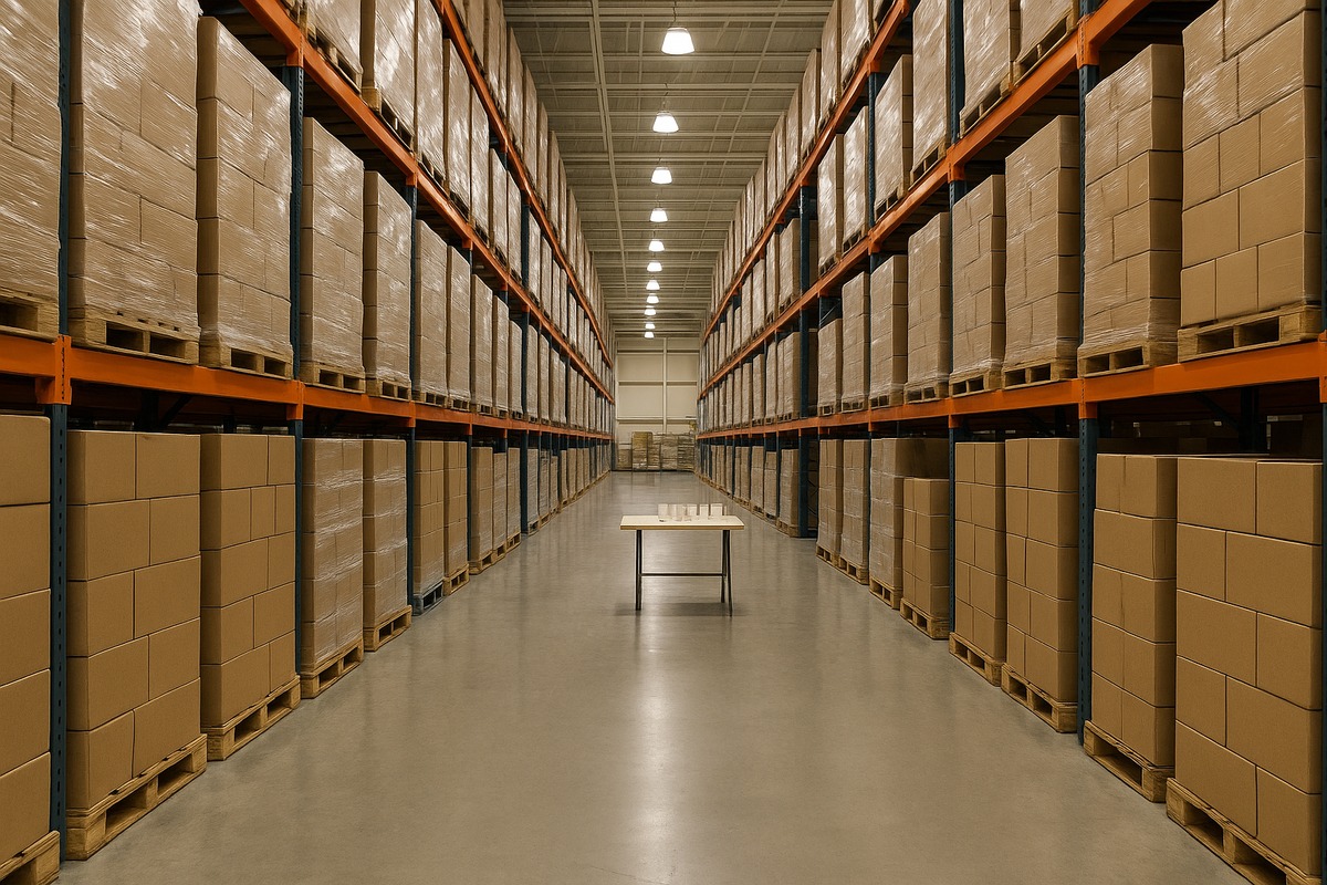 Wide concrete aisle inside a North American warehouse club between tall steel pallet racking stacked with plain unlabelled cardboard cases, with a small demo table holding paper cups in the mid-ground.