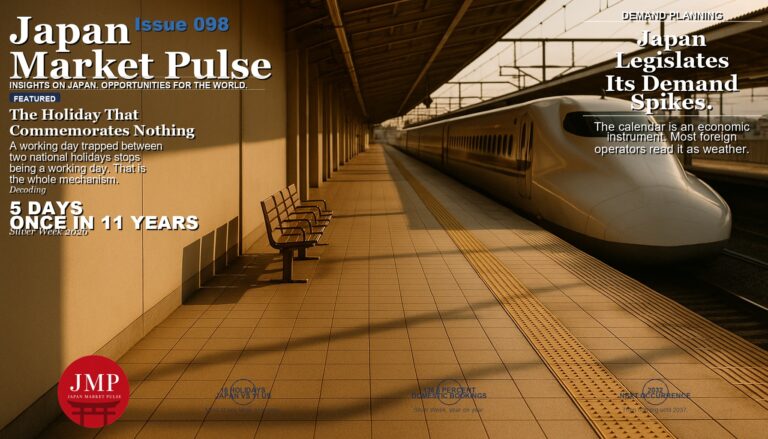 Magazine-style cover photograph of a completely empty Japanese railway platform in warm late-afternoon light, with a white express train standing at the platform edge and Japan Market Pulse cover text overlaid on the left.