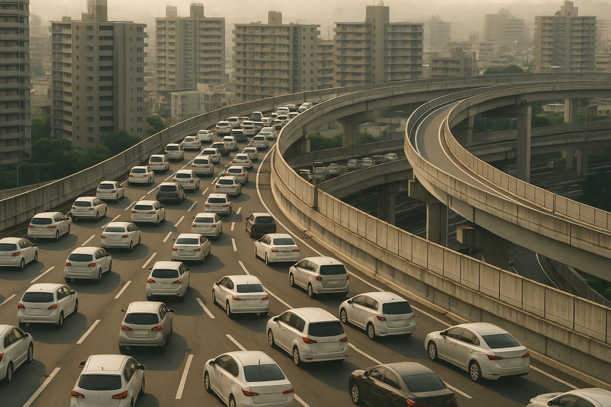Elevated view of a Japanese urban expressway interchange with concrete viaducts curving over one another and dense slow-moving traffic packed nose to tail in every lane under summer haze.