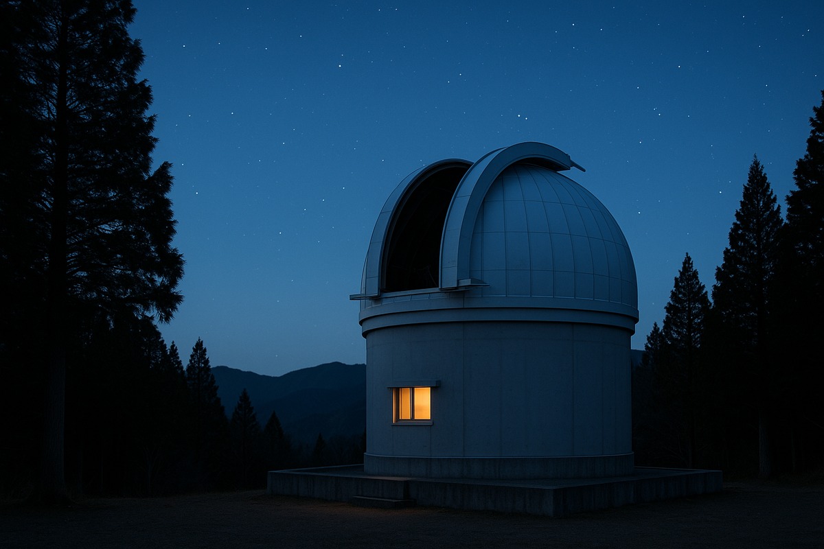 Astronomical observatory dome with its shutter open at dusk among dark cedar trees under a deep blue twilight sky in the Japanese mountains.