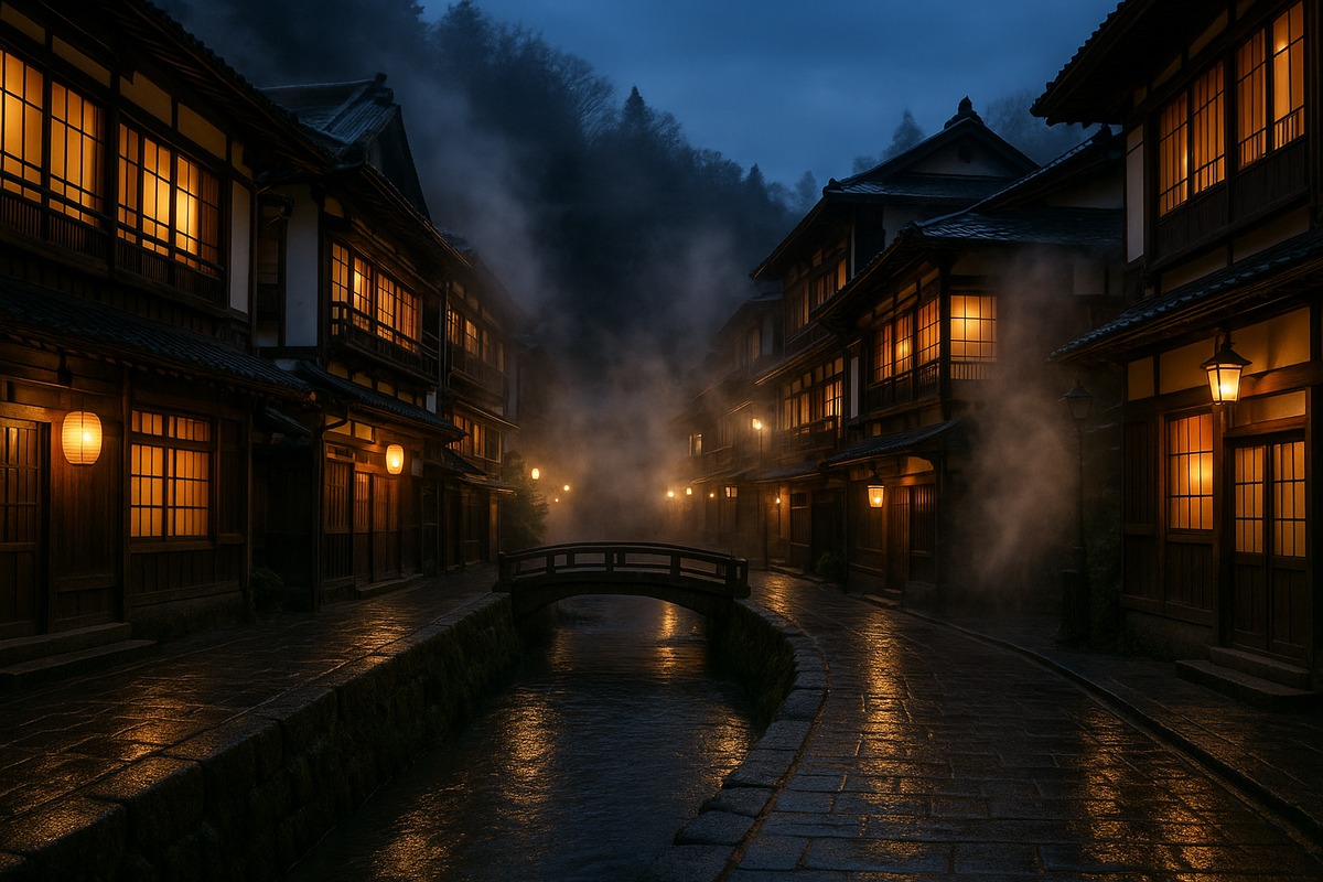 Japanese hot-spring resort street in early evening with traditional multi-storey wooden inns, warm lantern light in the windows, damp stone paving and steam drifting between the buildings.