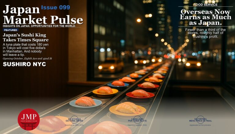Magazine-style cover photograph of a conveyor-belt sushi counter at night carrying plates of tuna, salmon and shrimp nigiri, with a blurred Manhattan avenue visible through the window and Japan Market Pulse cover text overlaid on the left.