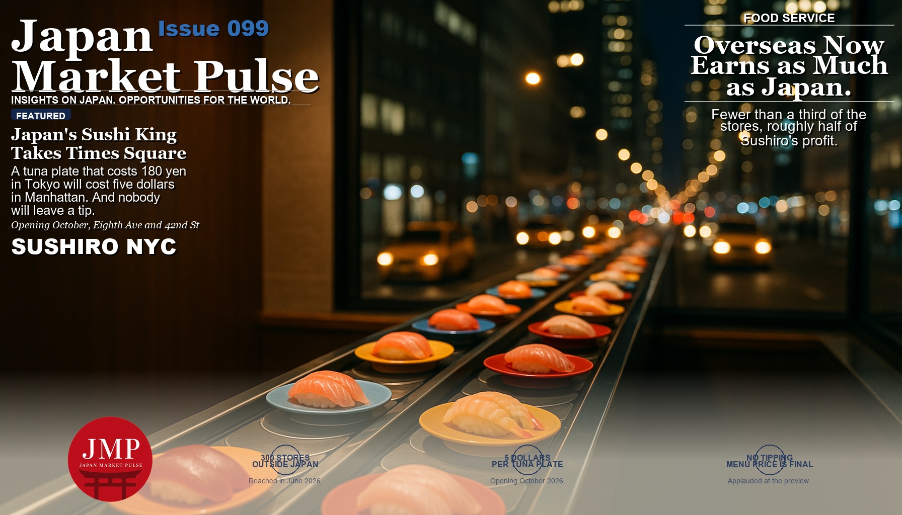 Magazine-style cover photograph of a conveyor-belt sushi counter at night carrying plates of tuna, salmon and shrimp nigiri, with a blurred Manhattan avenue visible through the window and Japan Market Pulse cover text overlaid on the left.
