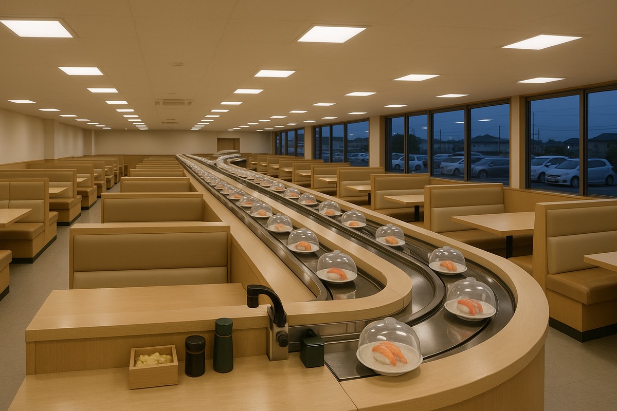 Interior of a large suburban Japanese conveyor-belt sushi restaurant at dusk, with family booths lining a winding belt of covered sushi plates and a car park visible through the window.