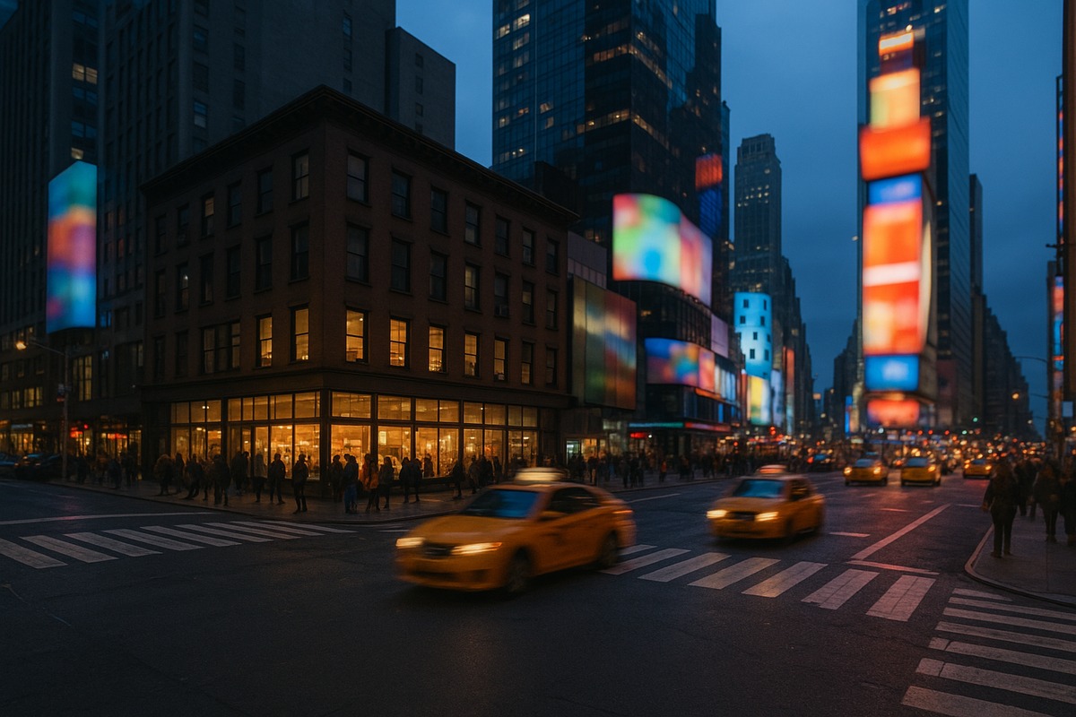 Busy Manhattan avenue corner near Times Square at blue hour, with a three-storey corner building glowing behind large ground-floor windows and yellow taxis passing.