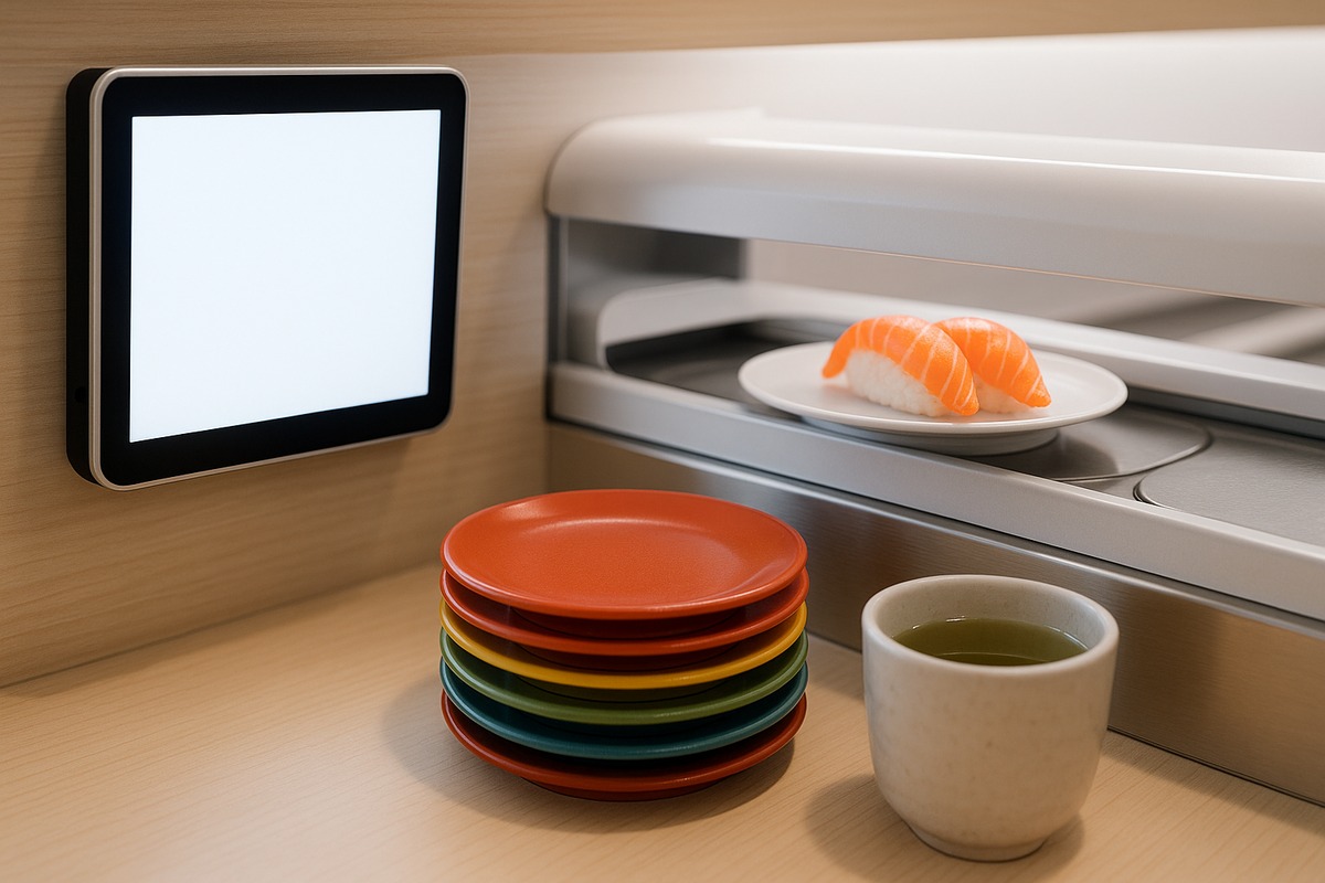 Close-up of a conveyor-belt sushi booth with a wall-mounted ordering tablet and an express lane delivering a plate of salmon nigiri, next to a stack of empty plates and a cup of green tea.