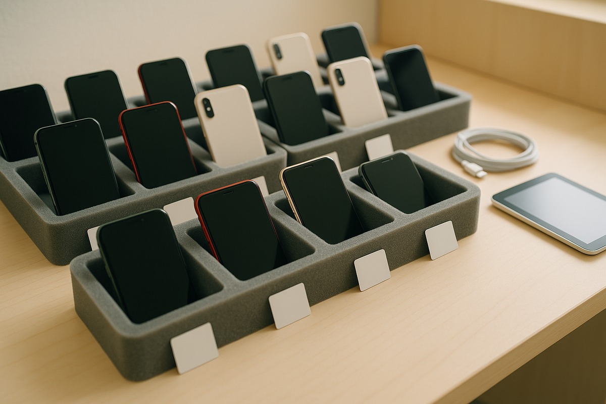 Trays of refurbished smartphones in various colours, each with a small grading tag, on a workbench in a Japanese used-phone shop.