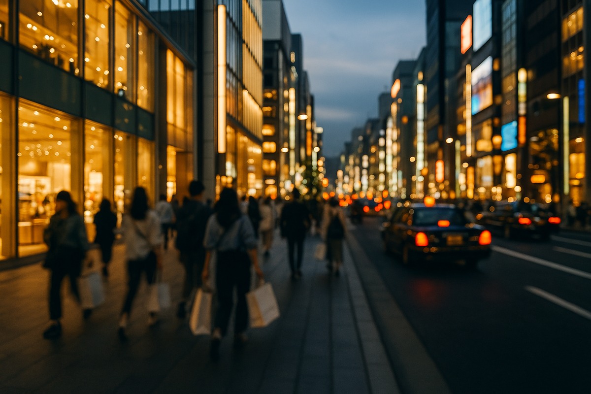 Wide Tokyo shopping avenue at dusk lined with glowing glass-fronted stores, with shoppers carrying bags blurred in motion on the sidewalk.