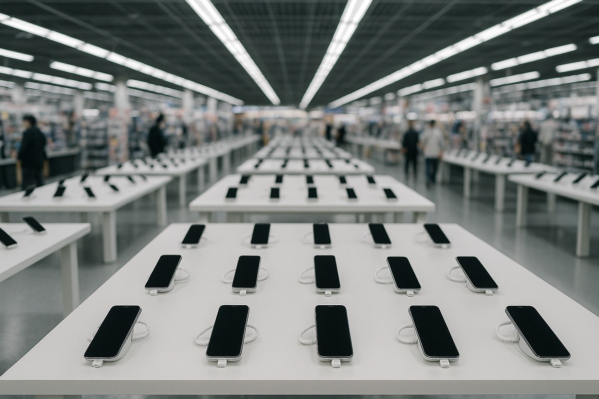 Smartphone floor of a large Tokyo electronics store with long white display tables lined with rows of smartphones on security stands under bright ceiling lights.
