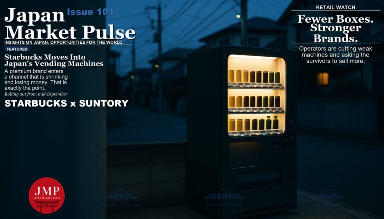 Magazine-style cover photograph of a green and black drink vending machine glowing on a quiet Tokyo residential street at blue hour, with Japan Market Pulse cover text overlaid on the left.
