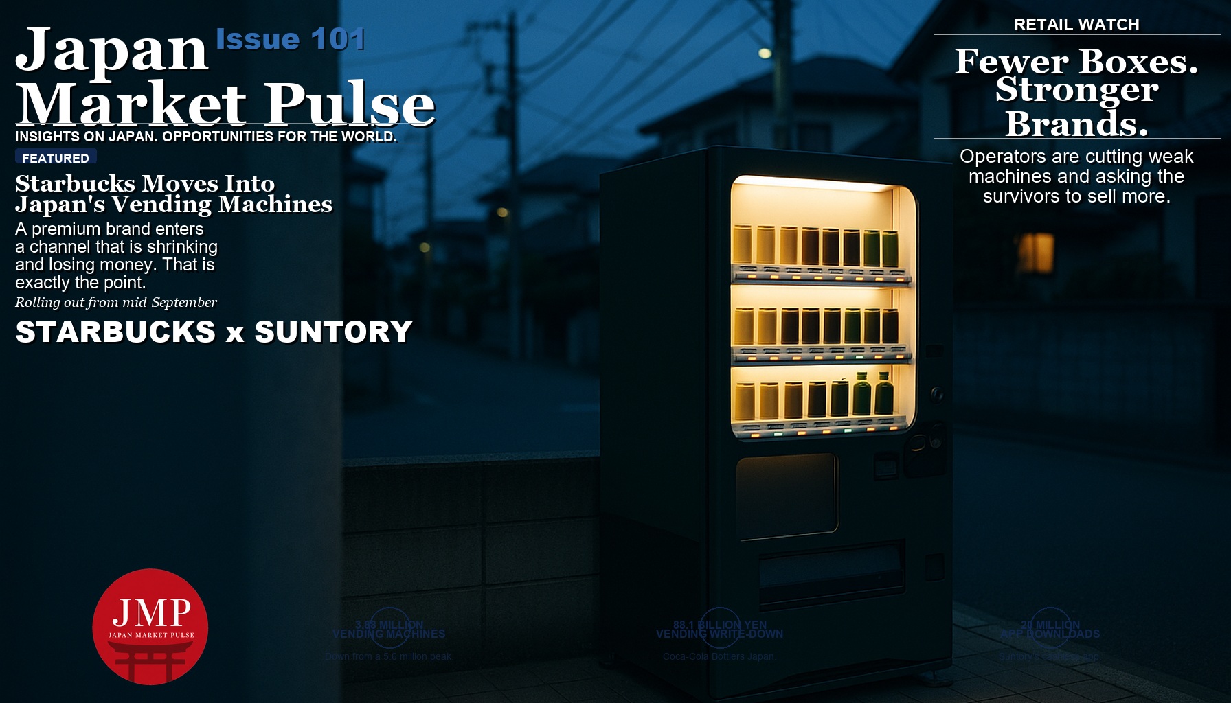 Magazine-style cover photograph of a green and black drink vending machine glowing on a quiet Tokyo residential street at blue hour, with Japan Market Pulse cover text overlaid on the left.