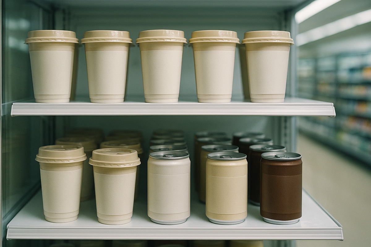 Brightly lit refrigerated shelf in a Japanese convenience store lined with chilled cup coffees and short coffee cans.