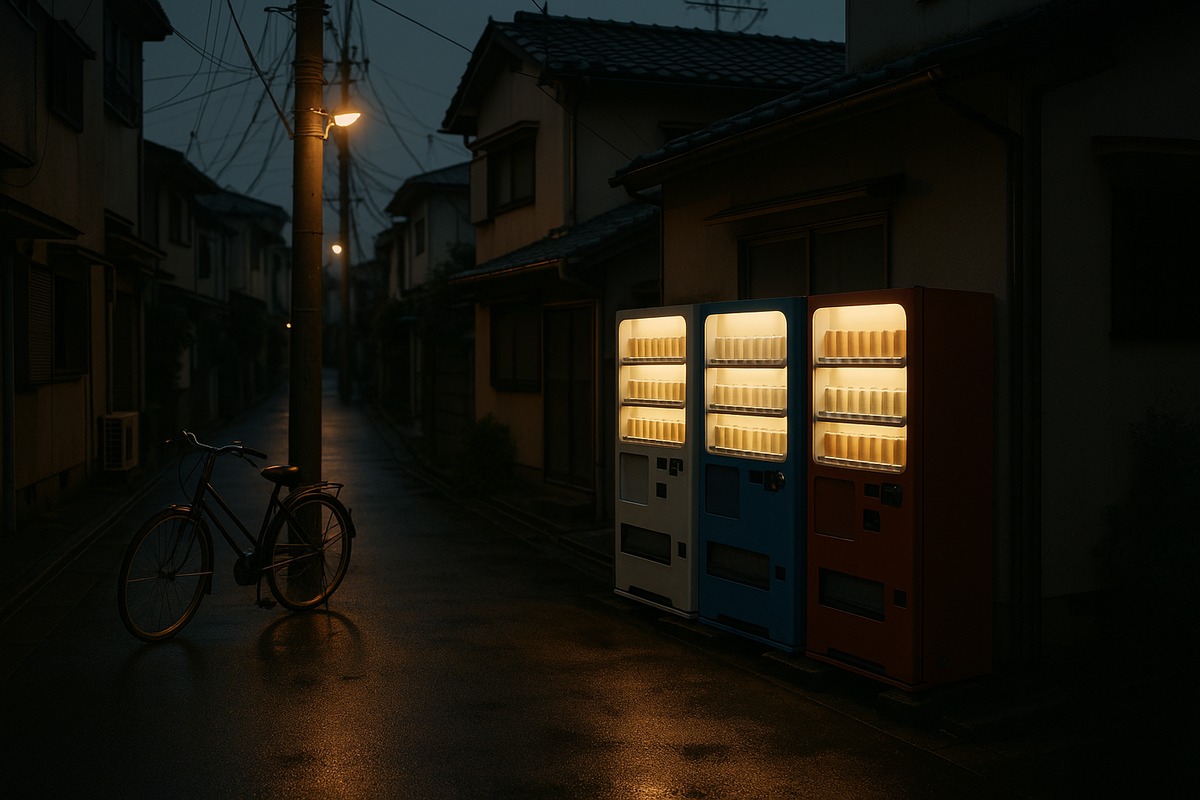 Three glowing drink vending machines standing against a small house on a narrow Japanese residential street in the early evening, next to a parked bicycle and a utility pole.