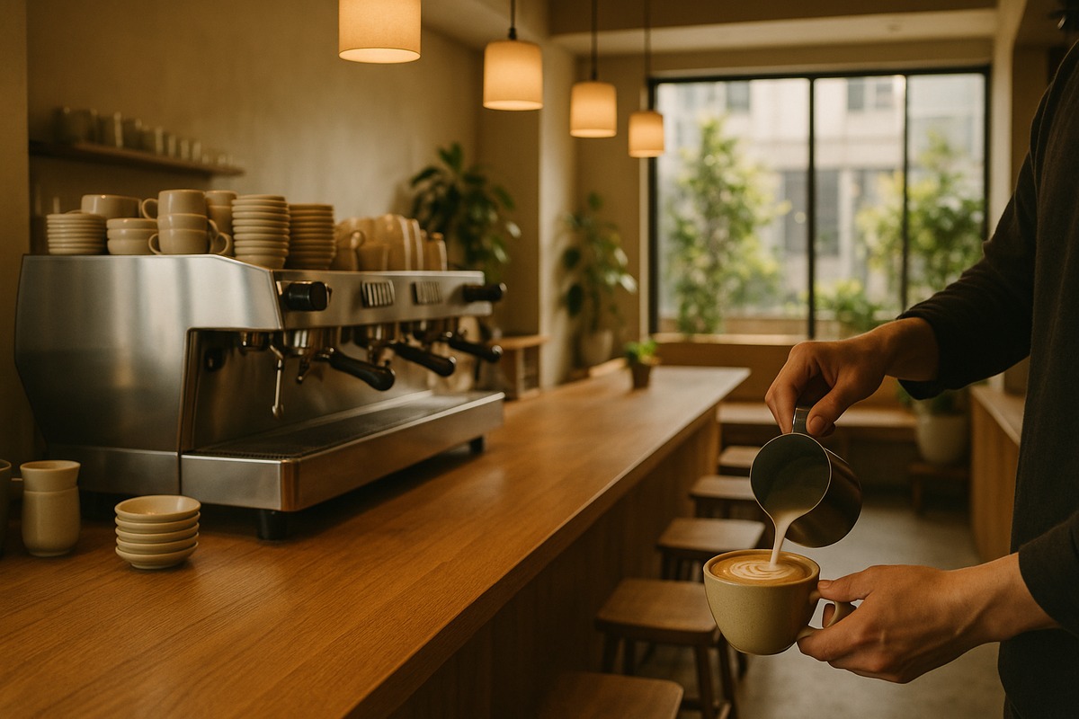 Wooden counter of a modern Tokyo café in the morning with an espresso machine and a barista pouring latte art under pendant lights.