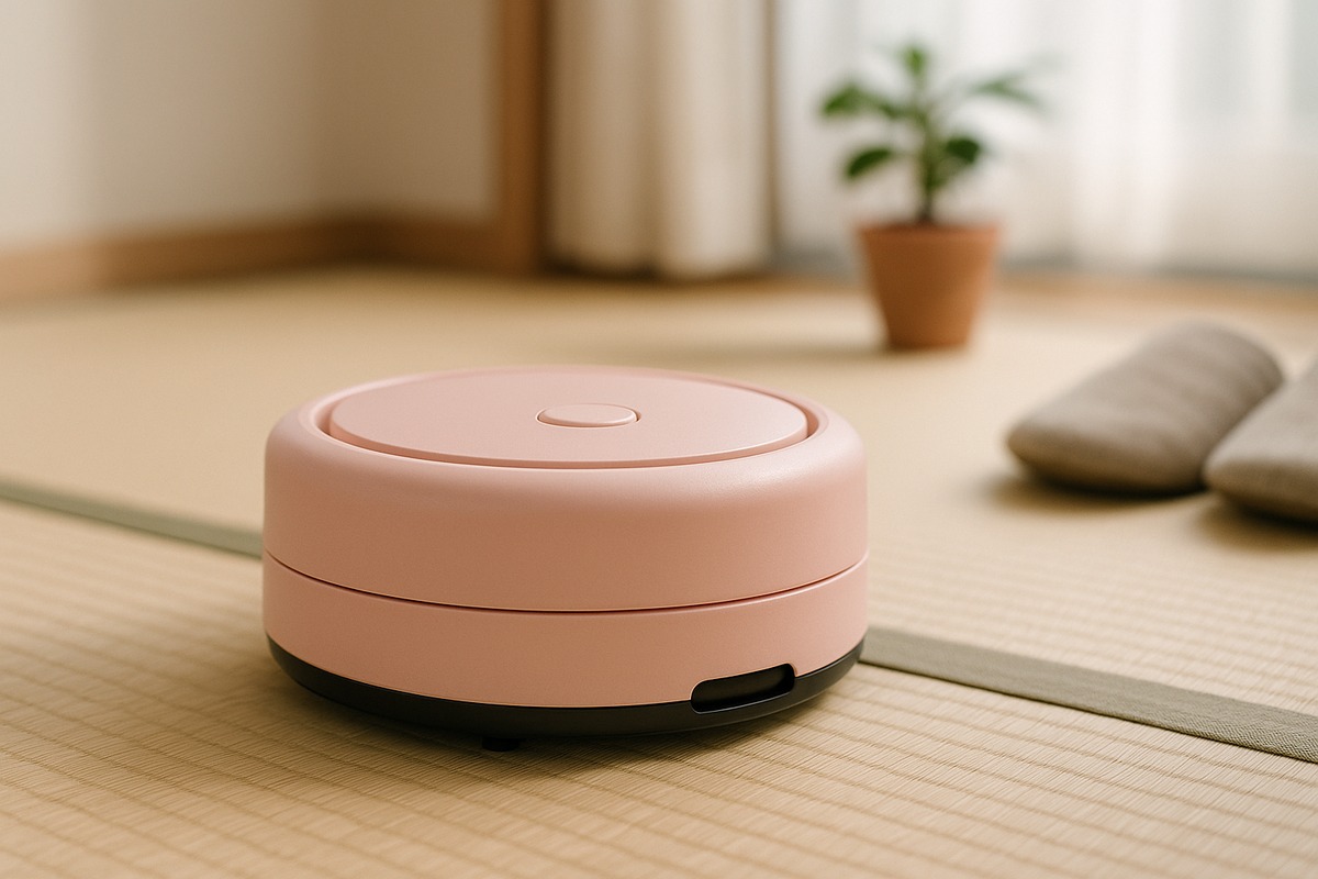 Close-up photograph of a small pink robot vacuum cleaner on a floor, representing the Roomba Mini’s Sakura color option.