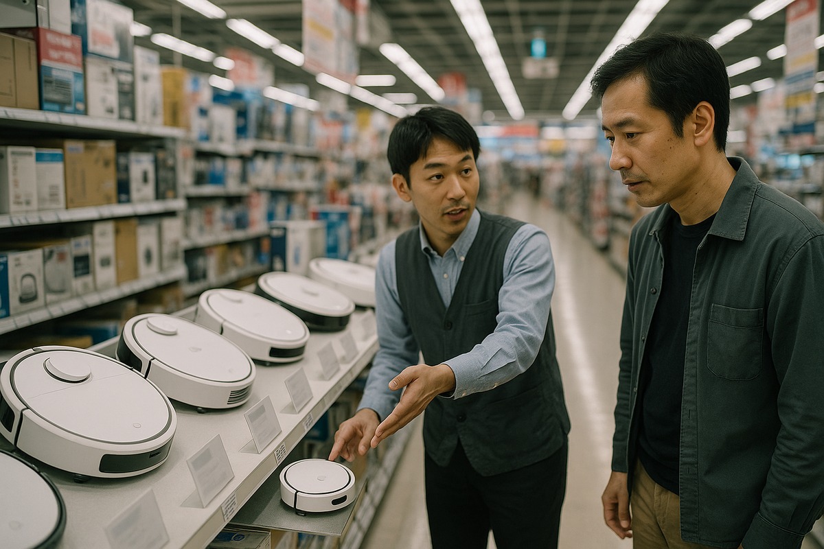 Photograph of a Japanese electronics store shelf displaying robot vacuum cleaners.