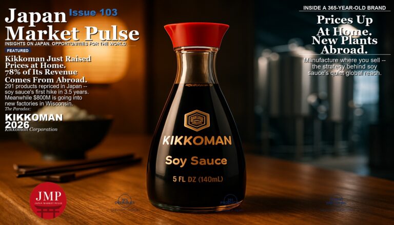 Magazine-style cover photograph of a Kikkoman soy sauce bottle on a wooden kitchen counter, with a warm Japanese kitchen visible on one side and a cool industrial brewing scene on the other.