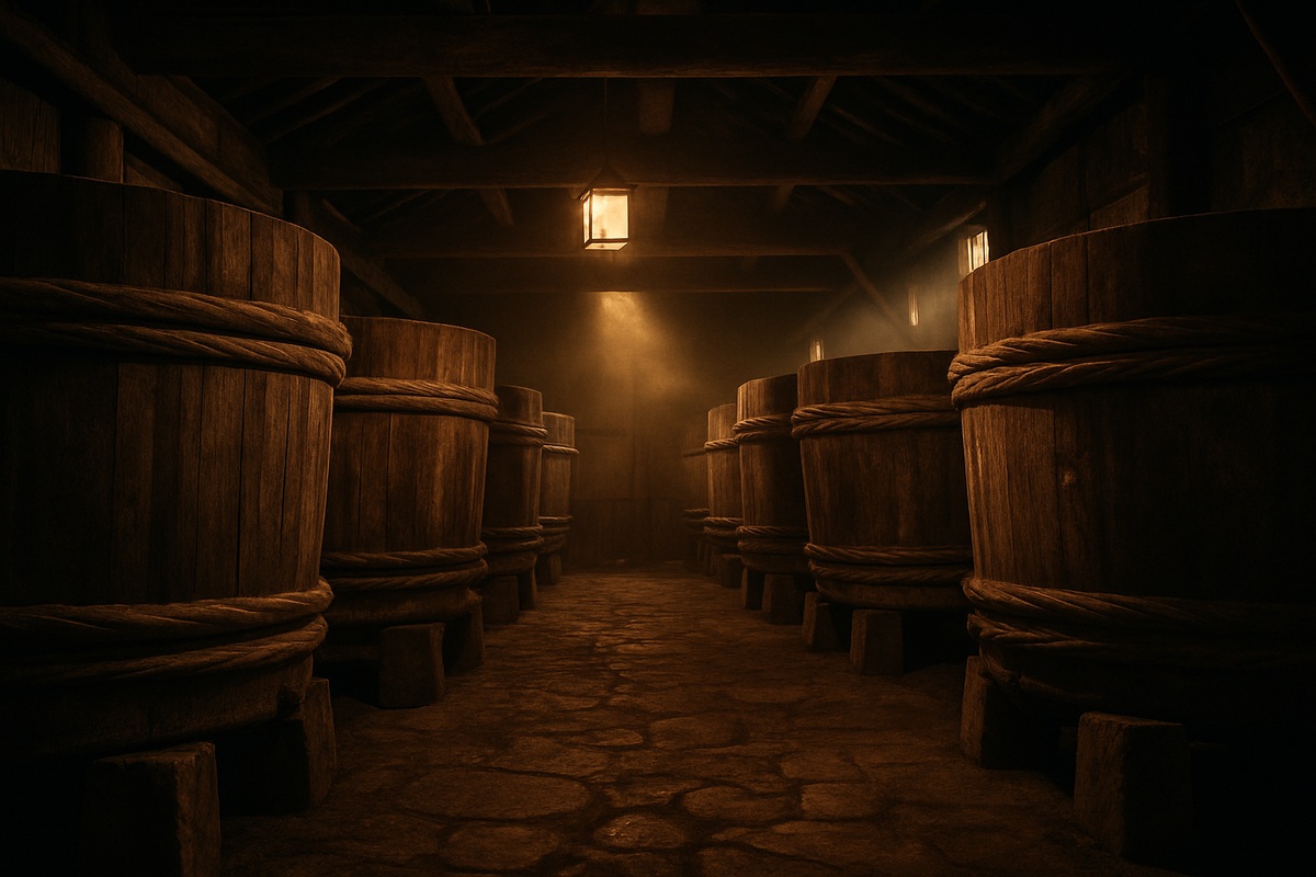 Moody photograph of a traditional Japanese soy sauce brewery interior with rows of large wooden fermentation barrels and warm lantern-like light.