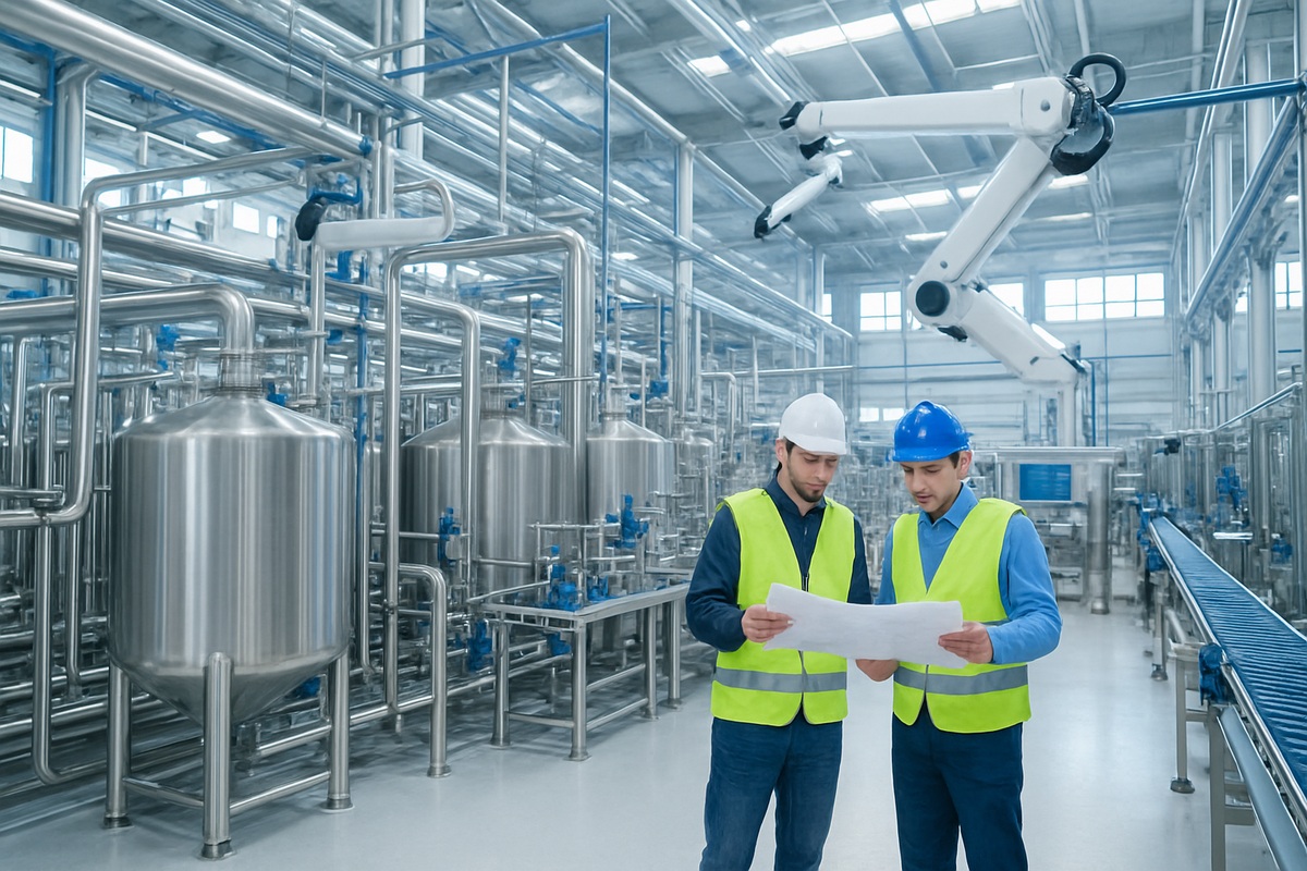 Bright photograph of a modern, highly automated food-manufacturing plant interior with stainless-steel piping and workers in hard hats, representing Kikkoman’s new Jefferson County, Wisconsin plant.