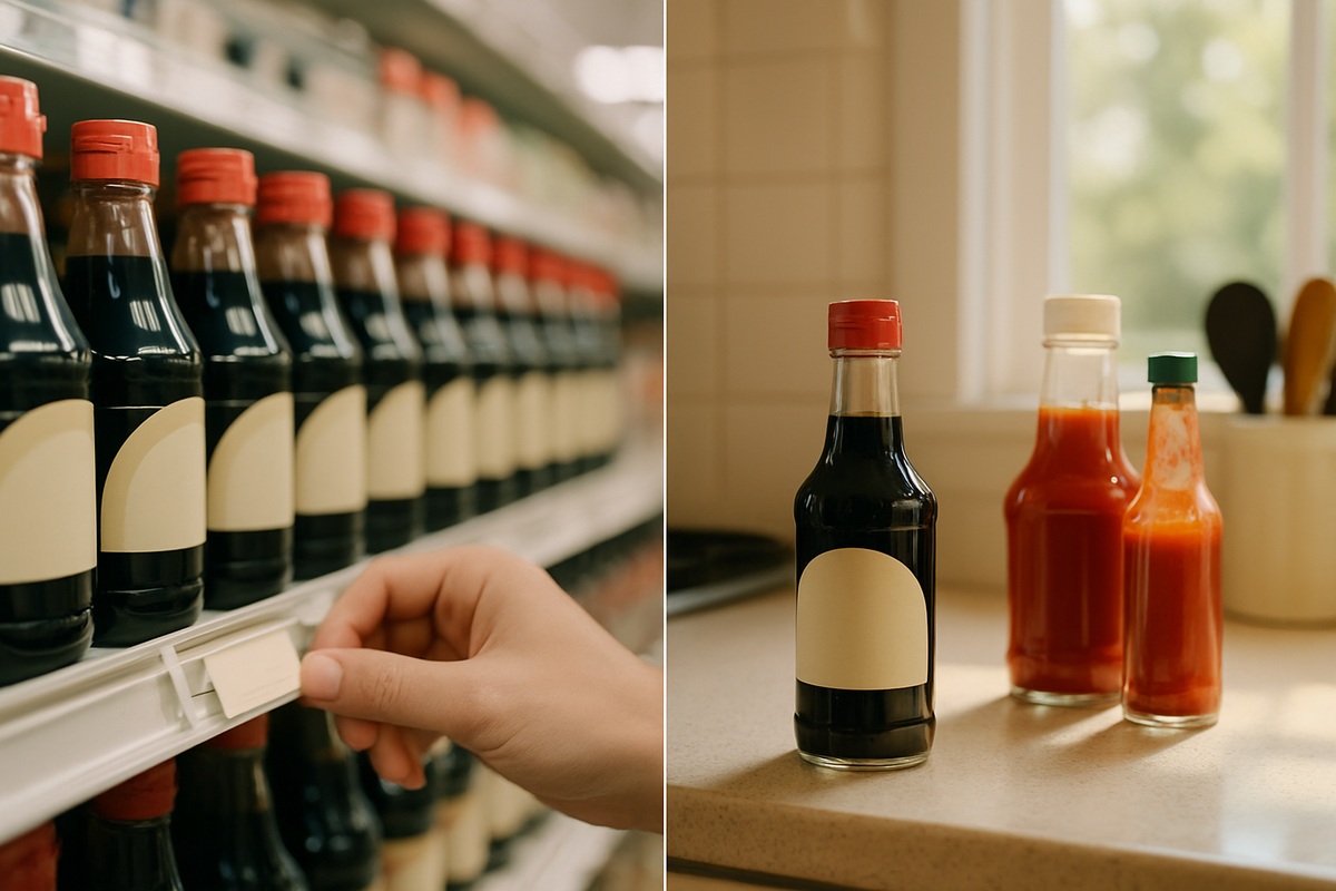 Split photograph contrasting a shopper checking a soy sauce price tag on a Japanese supermarket shelf with a relaxed American kitchen counter scene featuring a soy sauce bottle.