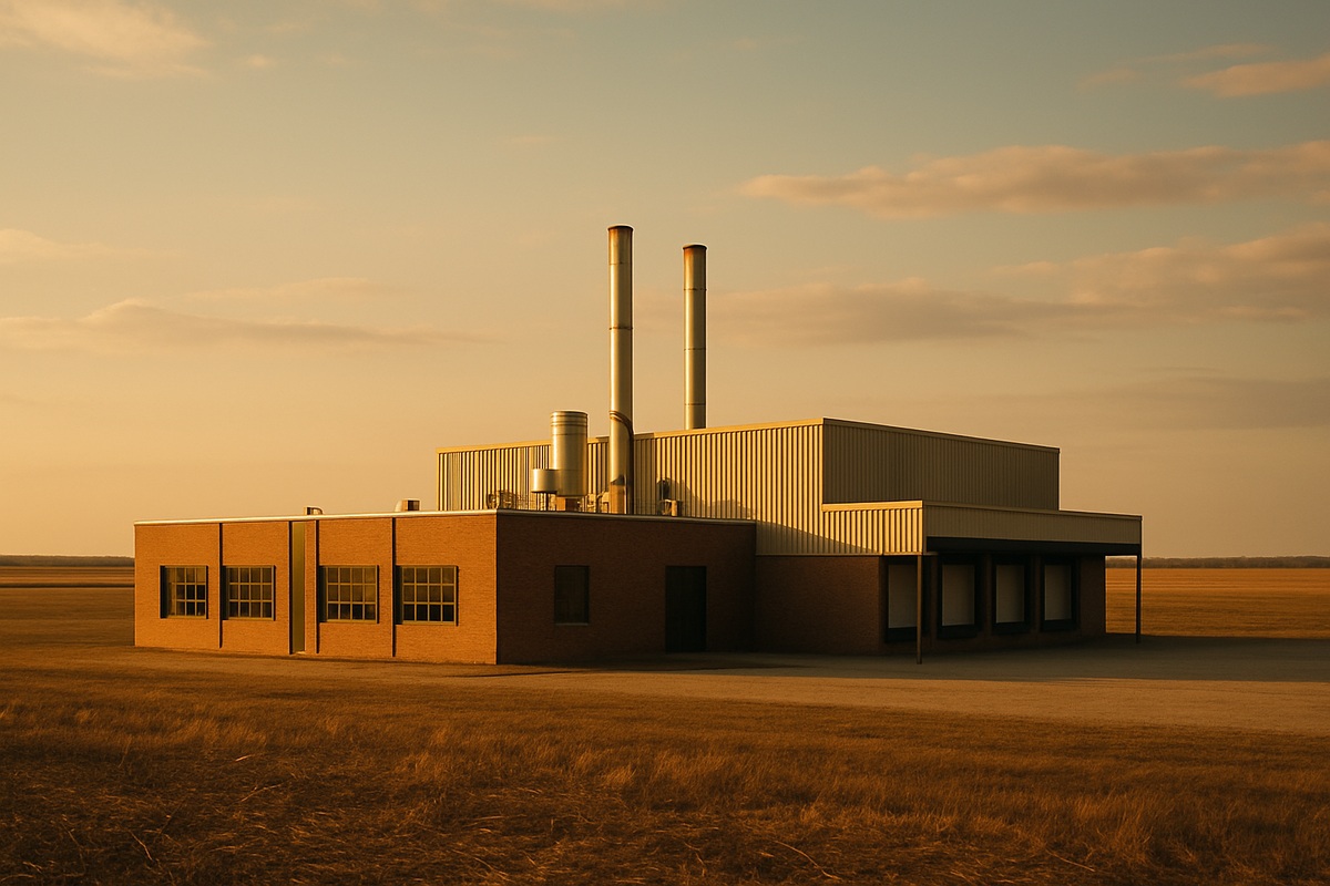 Wide photograph of a mid-century American industrial factory building on flat Midwest farmland at golden hour, evoking Kikkoman’s original Walworth, Wisconsin plant.
