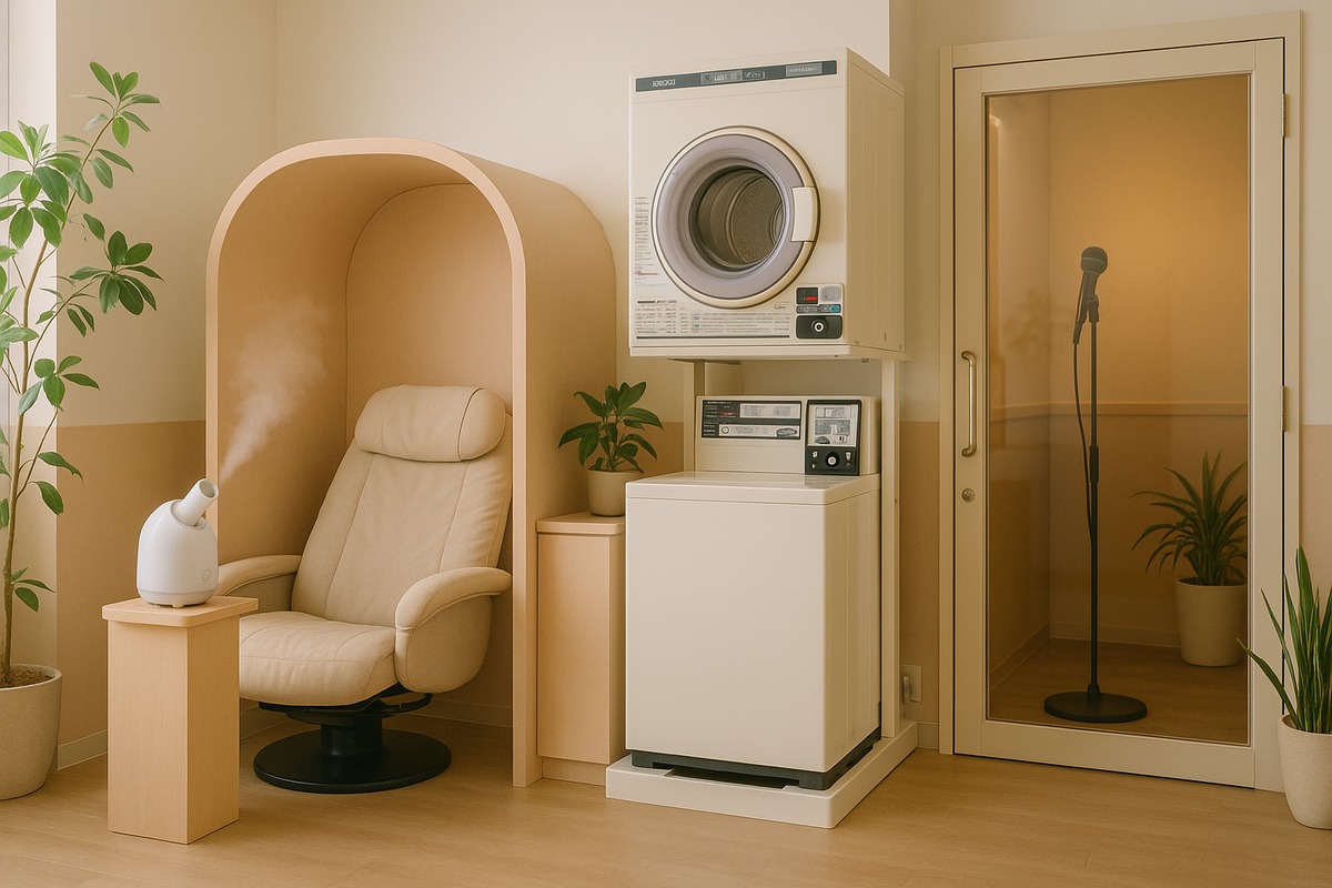 Photograph of chocoZAP’s non-fitness amenities, such as self-service beauty and convenience facilities inside a gym location.