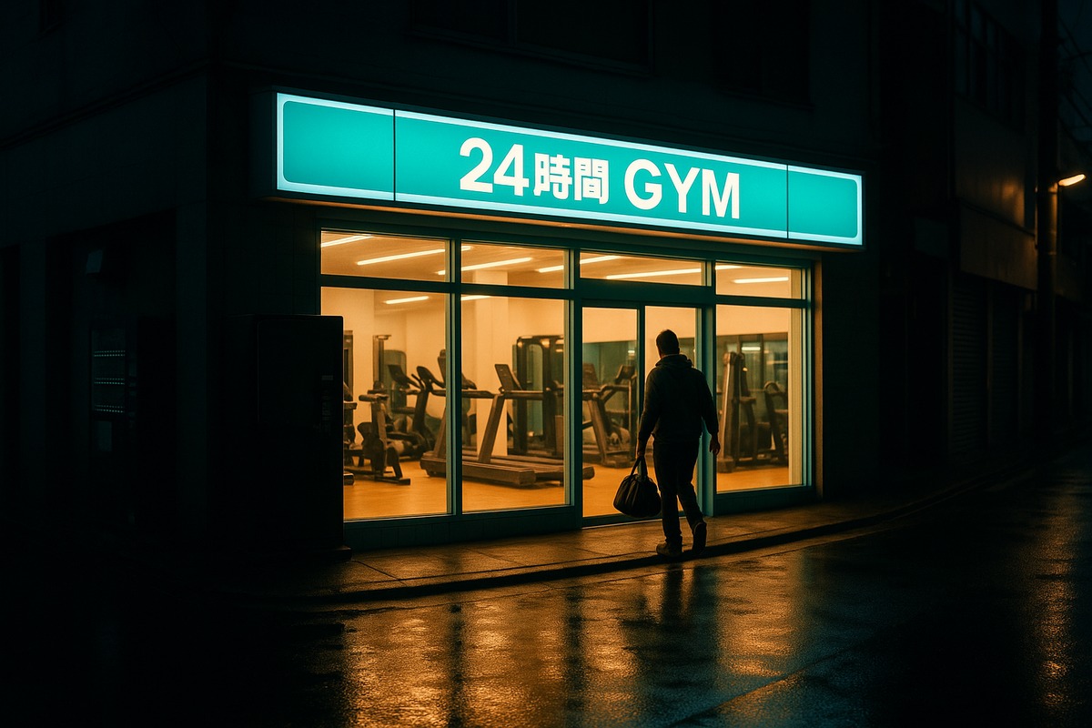 Night photograph of an illuminated unstaffed chocoZAP gym storefront on a Japanese street, evoking convenience-store-style accessibility.