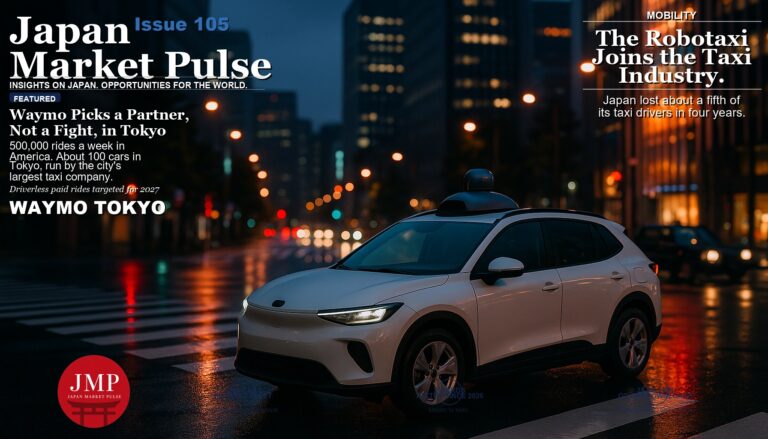 Magazine-style cover photograph of a white electric SUV with a roof-mounted sensor dome driving through a rain-slicked central Tokyo intersection at dusk, with Japan Market Pulse cover text overlaid on the left.