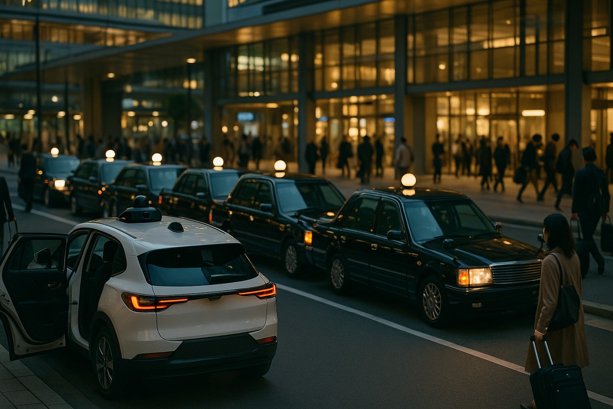 Photograph of a taxi rank outside a large Tokyo station in the evening, with dark traditional taxis waiting in line and a driverless white SUV with a roof sensor dome at the front of the queue.