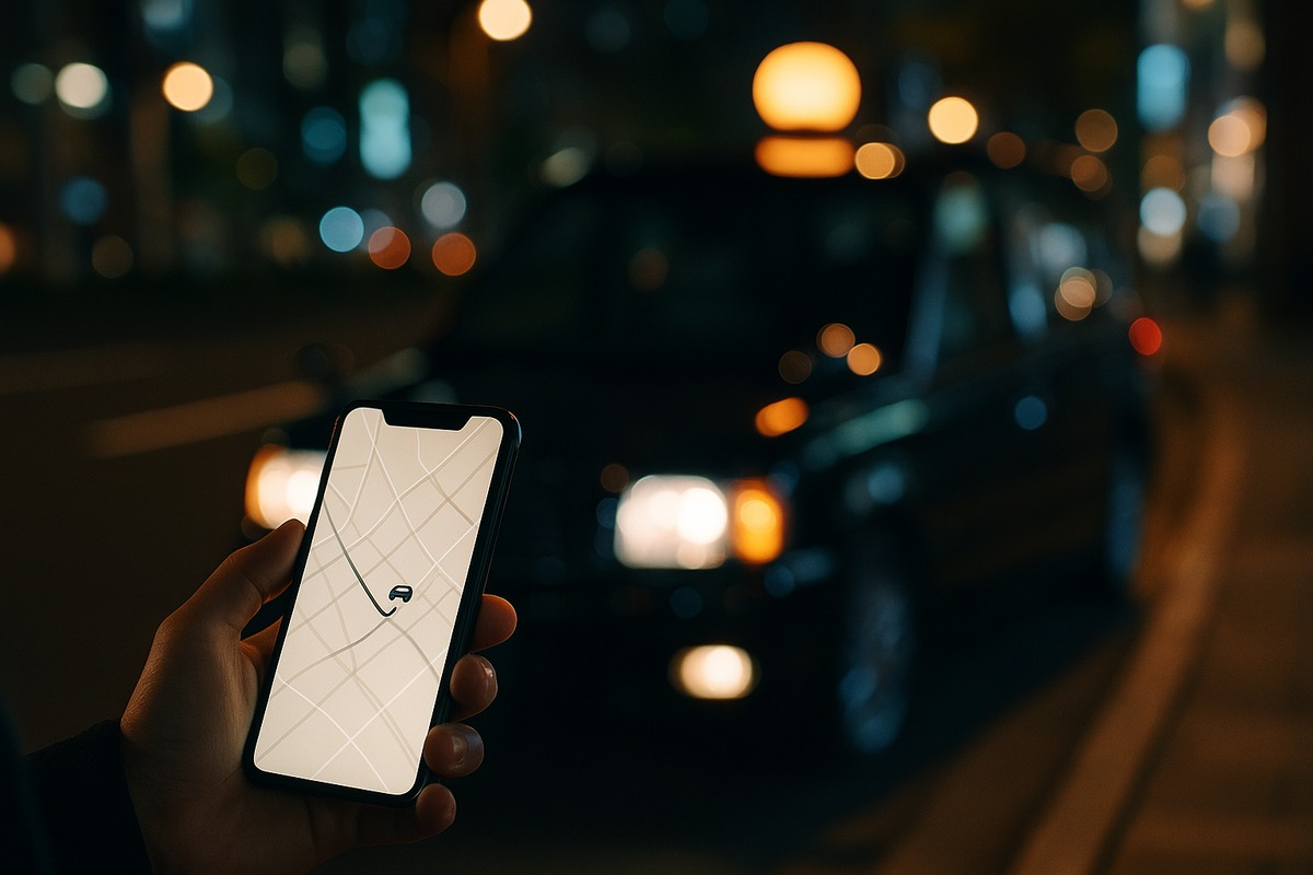 Night photograph of a hand holding a smartphone showing a taxi-hailing map while a dark Japanese taxi with a glowing roof light pulls up to the curb in Tokyo.