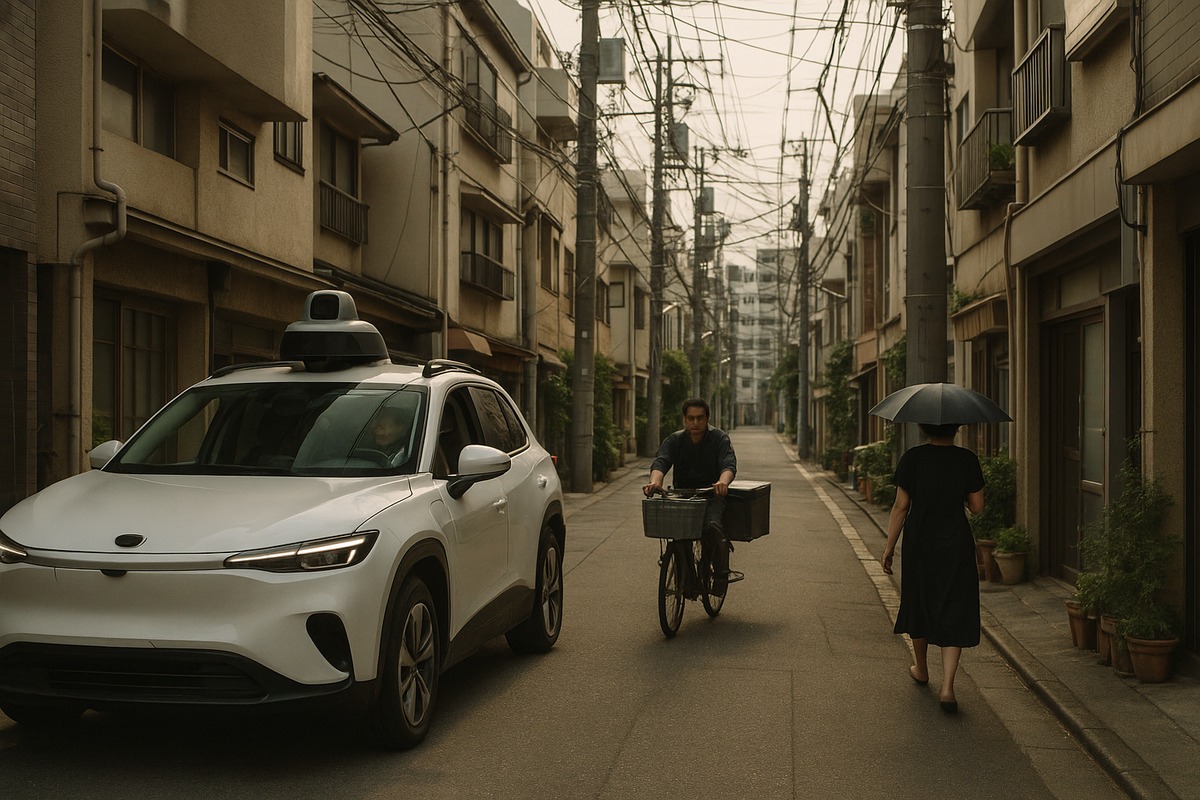 Photograph of a white electric SUV with a roof sensor dome and a safety driver navigating a narrow Tokyo residential street without sidewalks, sharing the lane with a delivery cyclist and a pedestrian under overhead power lines.